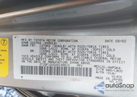 2002 Lexus Rx 300 z USA, uszkodzony, nr VIN JTJGF10U020148610